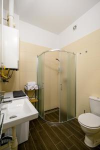 a bathroom with a shower and a toilet and a sink at 2 real beds, AC by the Central Market Hall in Budapest