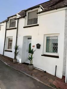 a white house with two potted plants in front of it at Cottage nr BikeParkWales/Brecon Beacons/PenYFan in Merthyr Tydfil