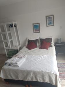 1 dormitorio con 1 cama con sábanas blancas y almohadas rojas en Relax en Palermo con gran balcón y wifi 300MB en Buenos Aires