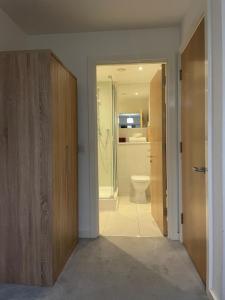 ein Badezimmer mit einem WC und einem Holzschrank in der Unterkunft City centre apartment in Manchester
