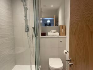 a bathroom with a glass shower and a toilet at City centre apartment in Manchester
