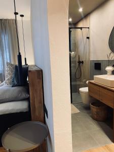 een badkamer met een wastafel, een toilet en een douche bij Apartments Riese in Neustift im Stubaital