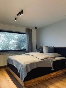 a bedroom with a bed and a large window at Apartments Riese in Neustift im Stubaital