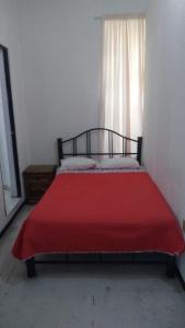 a bedroom with a bed with a red blanket on it at Pension Zocalo in Mexico City
