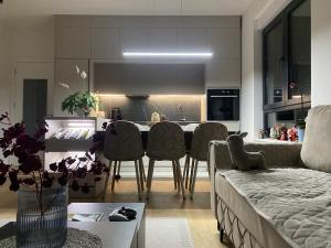 a kitchen and living room with a table and chairs at Apartment Llama in Trebinje +17 photos