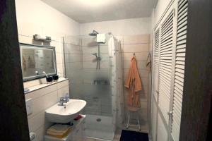 ein weißes Badezimmer mit Waschbecken und Dusche in der Unterkunft FeWo Lüneburger Heide - Minni in Bad Bevensen