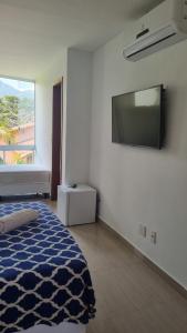 um quarto com uma cama e uma televisão de ecrã plano em Pousada MarÍsis Barra da Tijuca no Rio de Janeiro