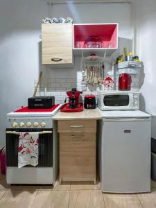 a small kitchen with a stove and a microwave at La Stella di Budapest in Budapest