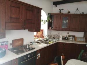 een keuken met houten kasten en een wastafel bij Parnassos cottage 