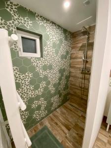 baño con paredes verdes y ducha en Gîte chez EsTé, en Mittelwihr