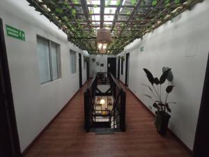 a corridor of an office building with a ceiling at Hostal El Mohan in Neiva