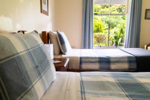 Habitación de hotel con 2 camas y ventana en Halfmoon Cottage, en Akaroa