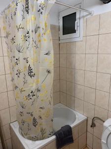 La salle de bains est pourvue d'un rideau de douche et de fleurs. dans l'établissement Ο ΦΟΙΝΙΚΑΣ ΣΤΗΝ ΚΑΣΤΟΡΙΑ, à Kastoria