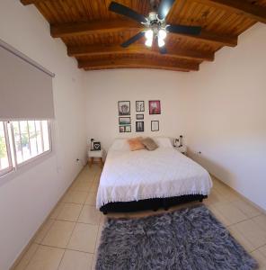 een slaapkamer met een bed en een plafondventilator bij Departamento Alto Malbec in La Cieneguita