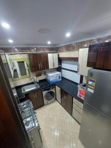 a small kitchen with a refrigerator and a dishwasher at Luxurious vip apartment in Cairo