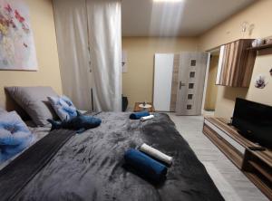 Veludo Apartments Centrum free parking في بانسكا بيستريتسا: غرفة نوم بسرير كبير عليها ديناصوران محشوران