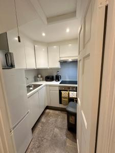 uma pequena cozinha com armários brancos e um lavatório em Cosy one bedroom flat em Londres