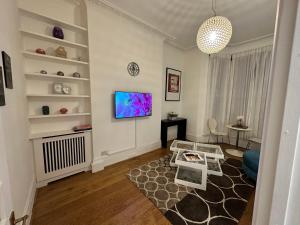 uma sala de estar com um sofá e uma televisão em Cosy one bedroom flat em Londres
