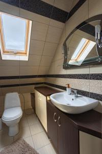 a bathroom with a sink and a toilet and a mirror at Apartament w Lasku in Nowy Targ