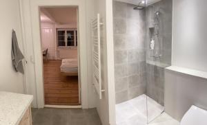 a bathroom with a walk in shower next to a walk in shower at Indre by in Copenhagen