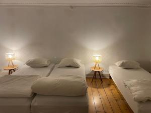 two beds in a room with two lamps on tables at Indre by in Copenhagen