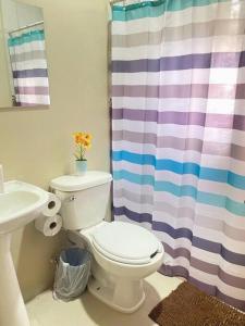 a bathroom with a toilet and a shower curtain at Casa en Ceiba 15 min de la playa in La Ceiba