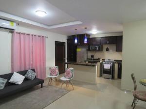 a living room with a couch and a kitchen at Casa en Ceiba 15 min de la playa in La Ceiba