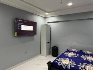 a bedroom with a bed and a tv on the wall at Wells Homes in Kwedonu