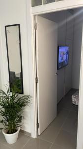um quarto com uma porta com uma televisão e uma planta em Casa Vive em Puerto de la Cruz