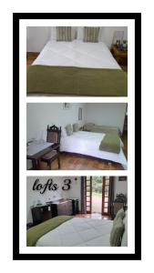 un collage de dos fotos de una cama en Pousada Lofts e Suítes Campos en Campos do Jordão