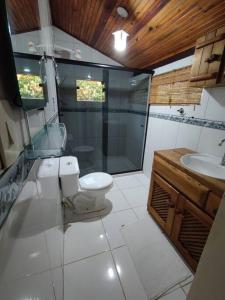 uma casa de banho com um WC, um chuveiro e um lavatório. em Chalé da Barra - Loft em Maraú