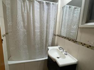 Un baño con lavabo y cortina de ducha. en Ruffus´s Apple Rosario, en Rosario 26 fotos más