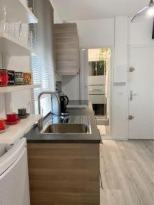 a kitchen with a stainless steel sink and wooden cabinets at Appartement chaleureux à Alfortville in Alfortville