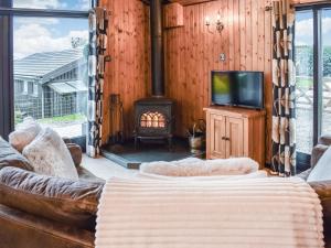sala de estar con sofá, TV y chimenea en Glendowlin Lodge Retreat, en Tirril