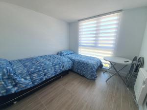 バルディビアにあるDepartamento estudio isla Teja equipadoのベッドとテーブルと窓のある寝室
