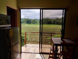 a kitchen with a sliding glass door with a view of a field at Arenal More Apartamento in San Ramón