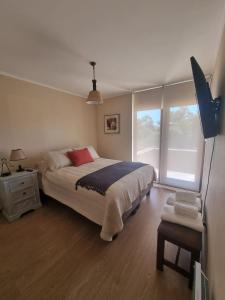 um quarto com uma cama e uma televisão em Lindo Departamento en Costanera de Villarrica em Villarrica