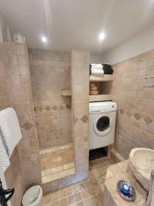 a bathroom with a shower with a washing machine at Chamonix Garden Flat with a View of Mont-Blanc - Référence XEPKMM in Chamonix-Mont-Blanc +54 photos