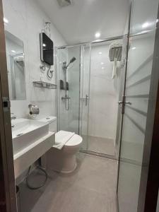 a bathroom with a shower and a toilet and a sink at Kekehyu Business Hotel in Valencia