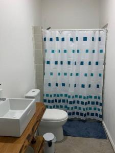 a bathroom with a toilet and a shower curtain at Casa Playera in Puchuncaví