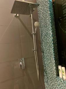 La salle de bains est pourvue d'une douche et d'un rideau de douche en verre. dans l'établissement Spacious luxury room with beautiful views !, à Kolonnawa
