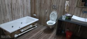 a bathroom with a white sink and a toilet at Wild House Home stay in Jhirna