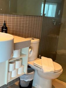 W łazience znajduje się toaleta, umywalka i prysznic. w obiekcie Pandanas Apt 5 15th fl Darwin CBD Harbor views w mieście Darwin