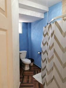 a bathroom with a toilet and a blue wall at Departamento El Muro Azul in Tijuana