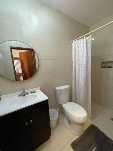 La salle de bains est pourvue de toilettes, d'un lavabo et d'un miroir. dans l'établissement Hotel Allende, à La Paz