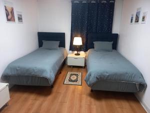 1 dormitorio con 2 camas y una lámpara en el suelo de madera en Newly renovated spacious 2 bedroom unit in HBC en Seúl
