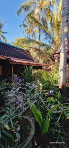 un jardin avec des fleurs et des palmiers ainsi qu'un bâtiment dans l'établissement Villas Light House - Eco-Traditional Joglo, à Gili Trawangan
