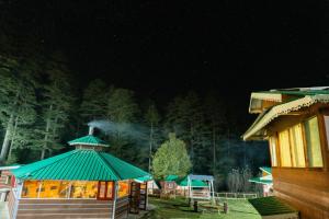 a building with a green roof at night at Kanasar Jungle Camp & Retreat in Dehradun