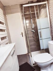 a bathroom with a toilet and a shower at La Portel'Heurt in Le Portel