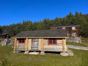 Cabaña de madera pequeña con ventanas rojas y techo negro en Reinheimen Lodge en Skjåk